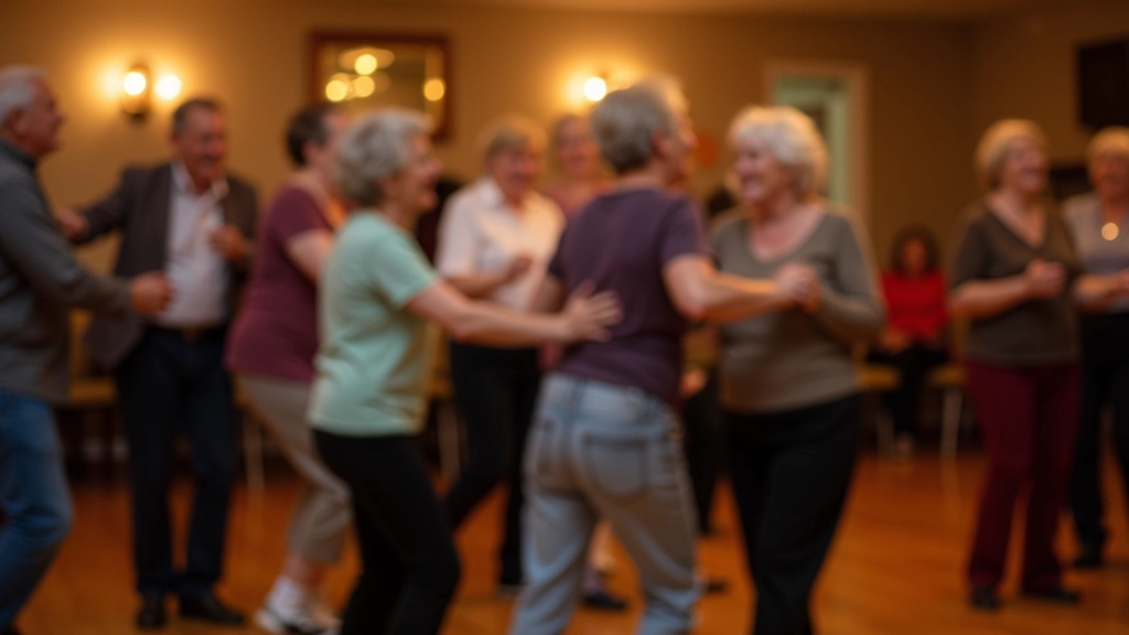 Seniors dancing salsa together in a community hall