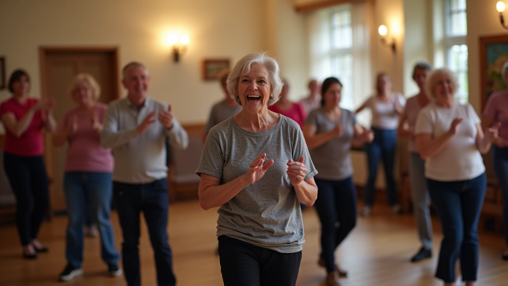 Group dance class with instructor teaching seniors in a community hall