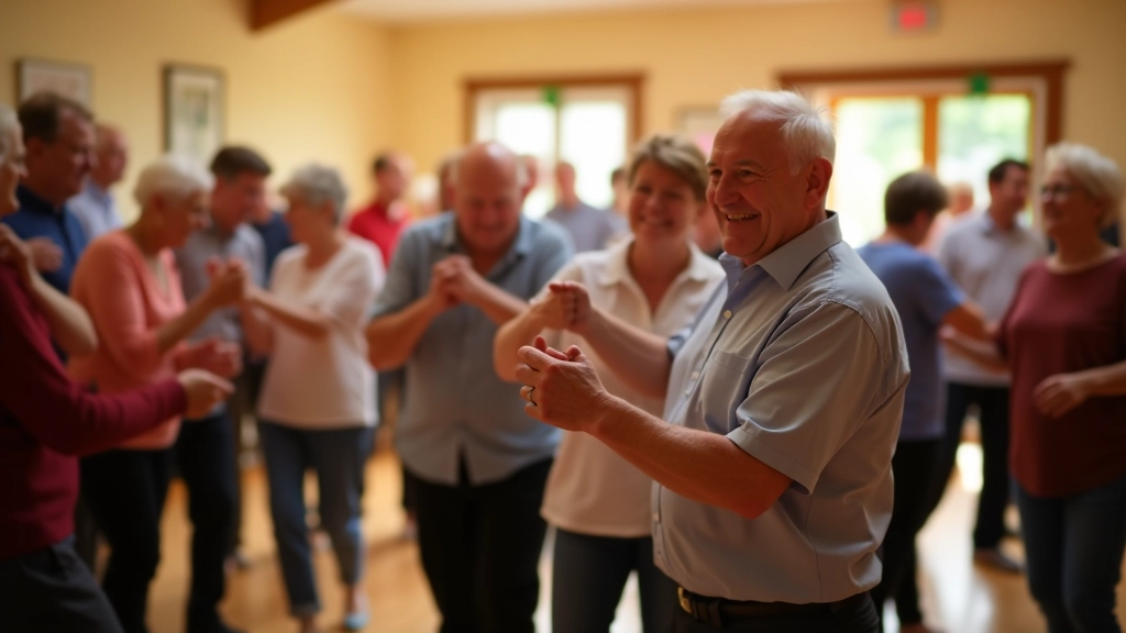 Seniors enjoying social dancing in a community hall