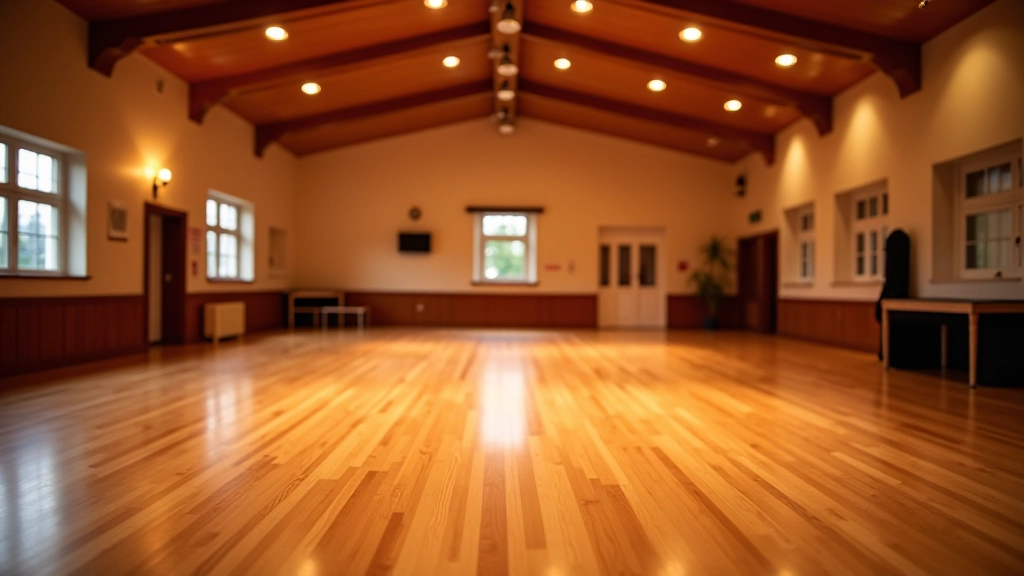 Interior of a community hall in Galway with wooden dance floor and warm ambient lighting