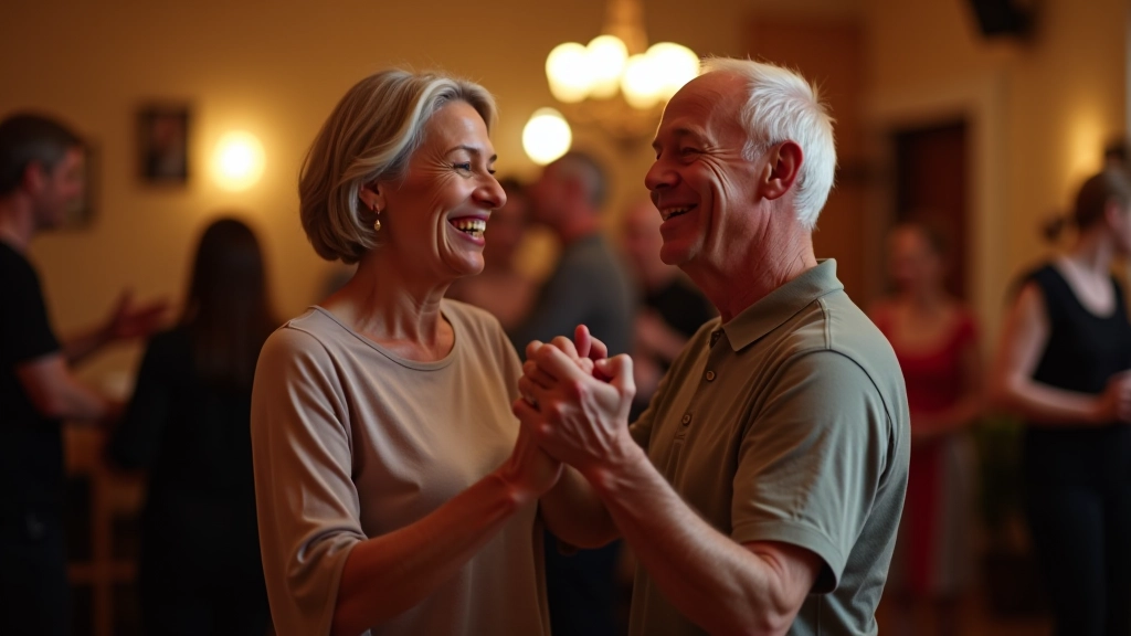 Group of mature dancers performing salsa moves together in a social dance setting