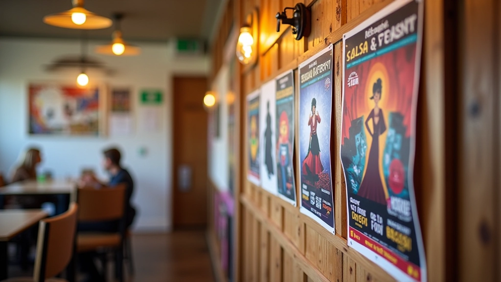 Colorful posters advertising weekend salsa socials displayed on a community hall notice board in Galway